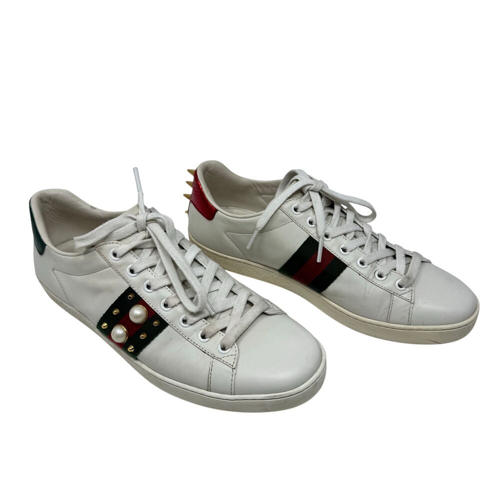 Gucci Ace Pearl Stud Spike Snakeskin Heel Sneaker White Leather Women 40